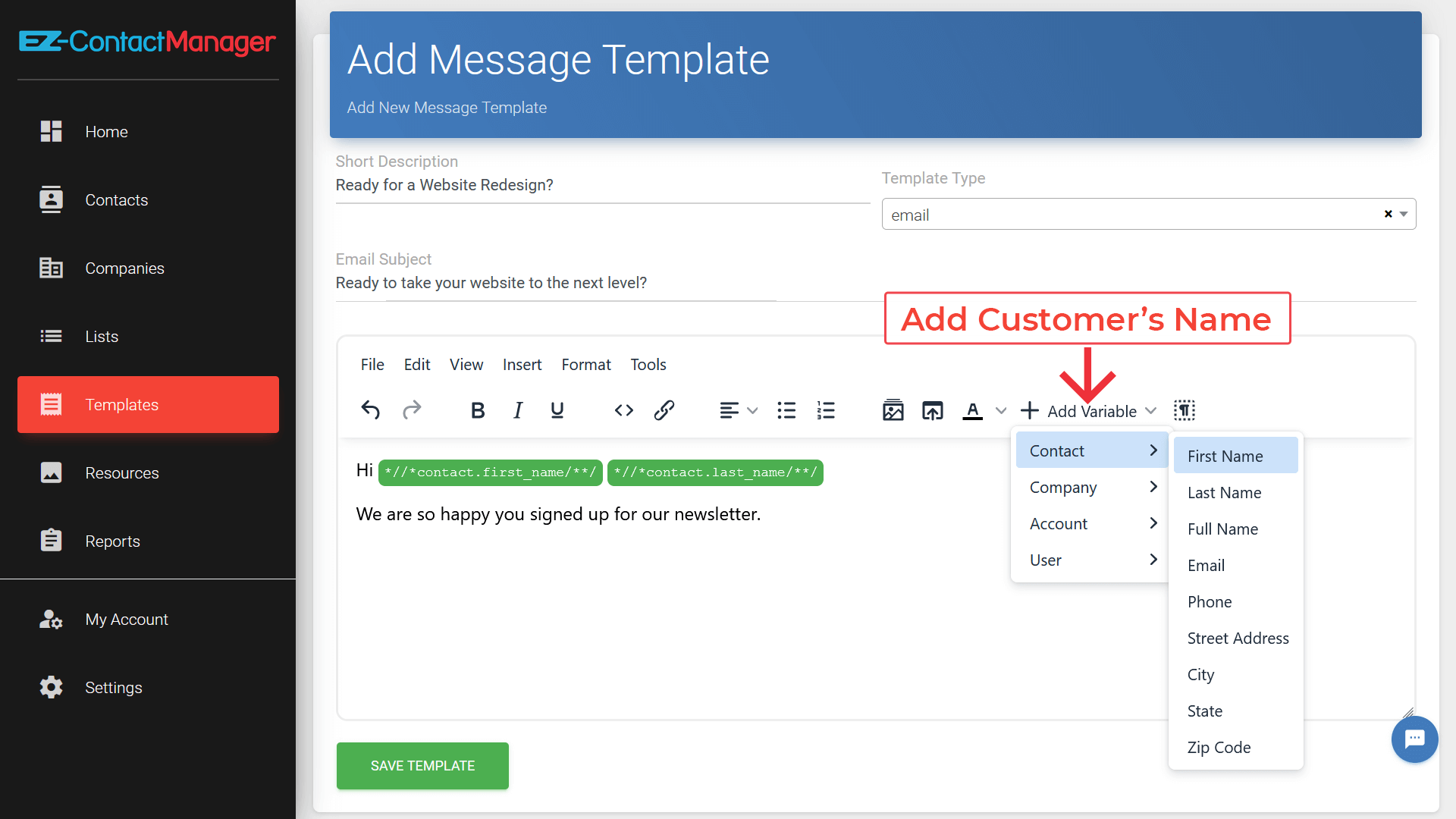 Add customer names with CRM variables.