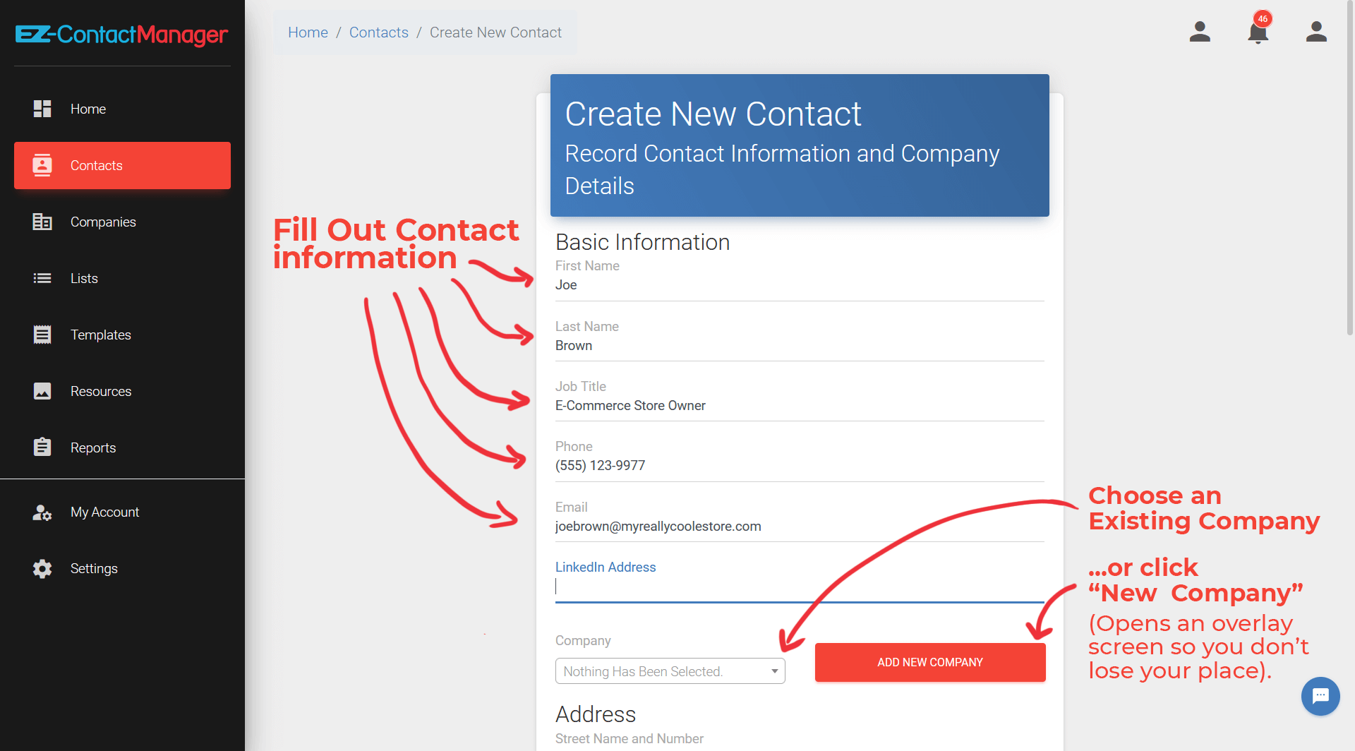 Screenshot showing how to Create a new contact in EZ-ContactManager.