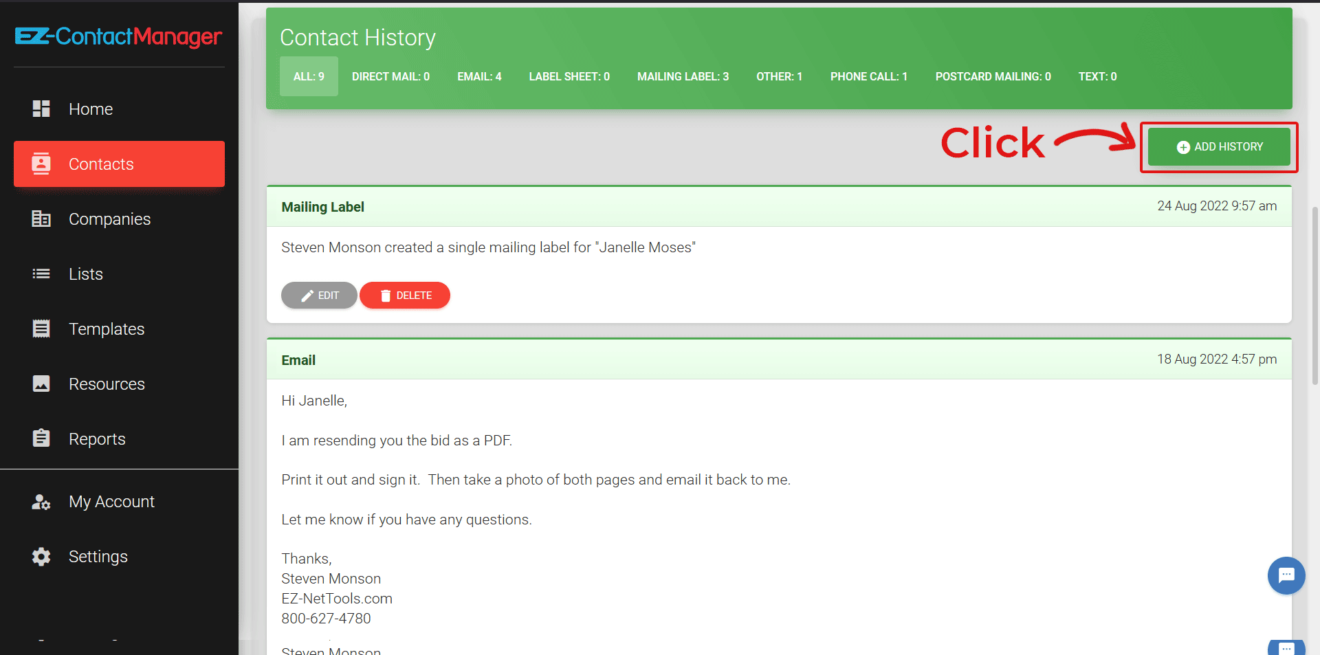 screenshot pointing out the Add History button in EZ Contact Manager.