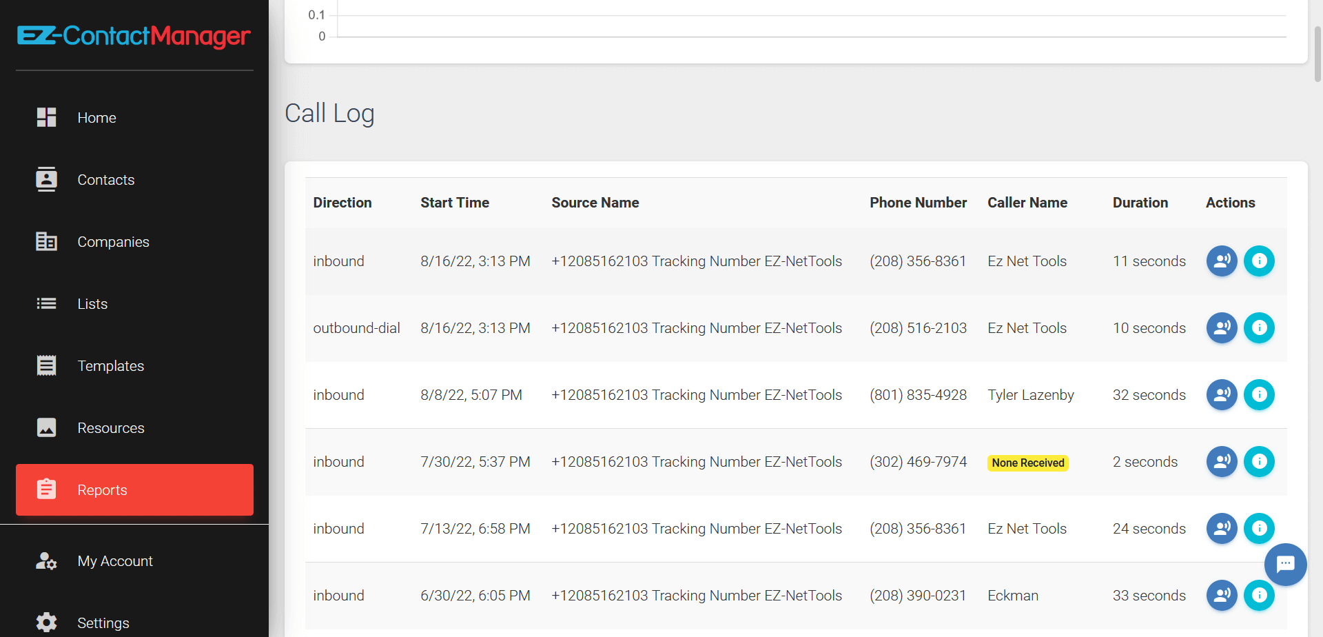 call tracking Call Log screenshot.