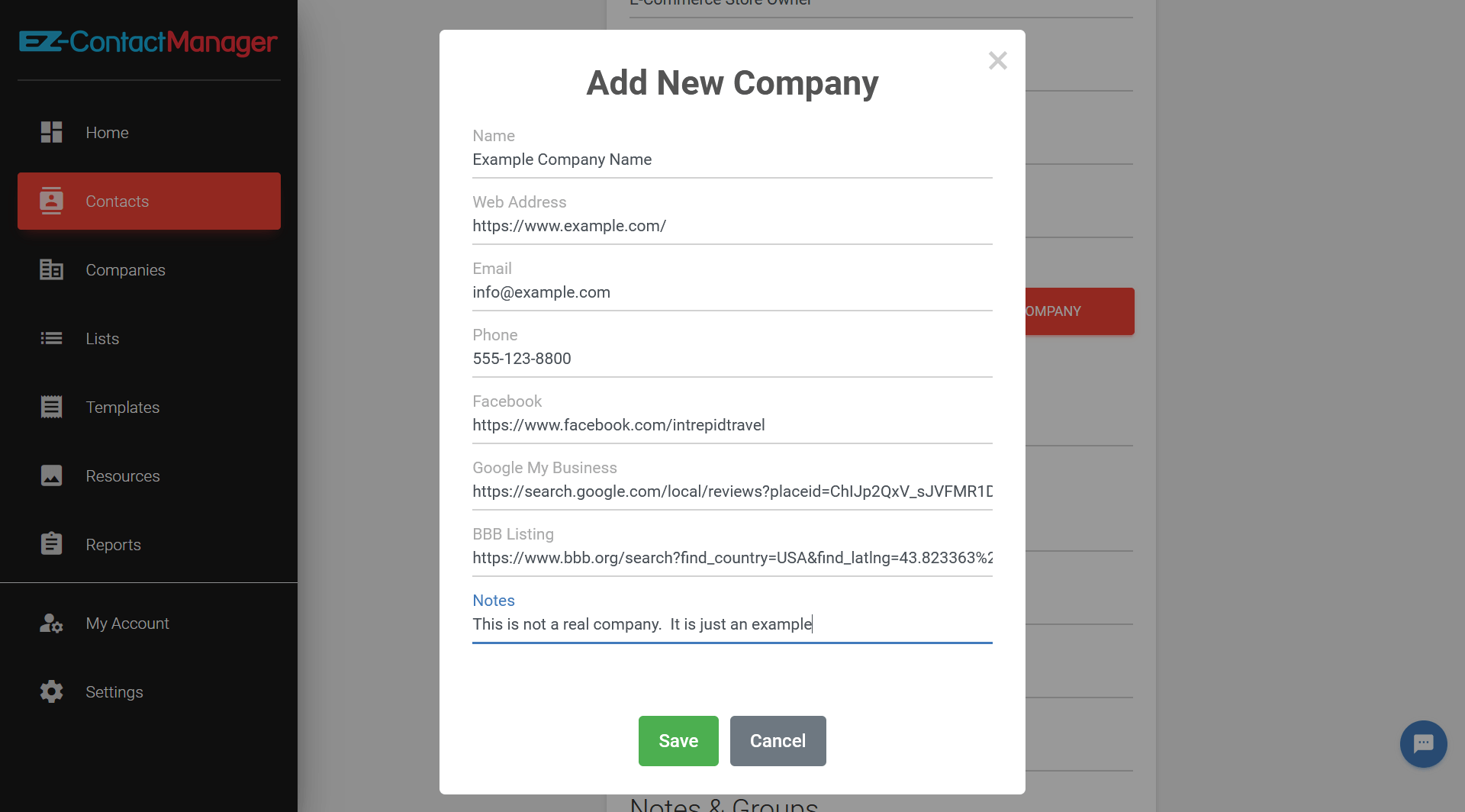 screenshot of Add new company overlay.