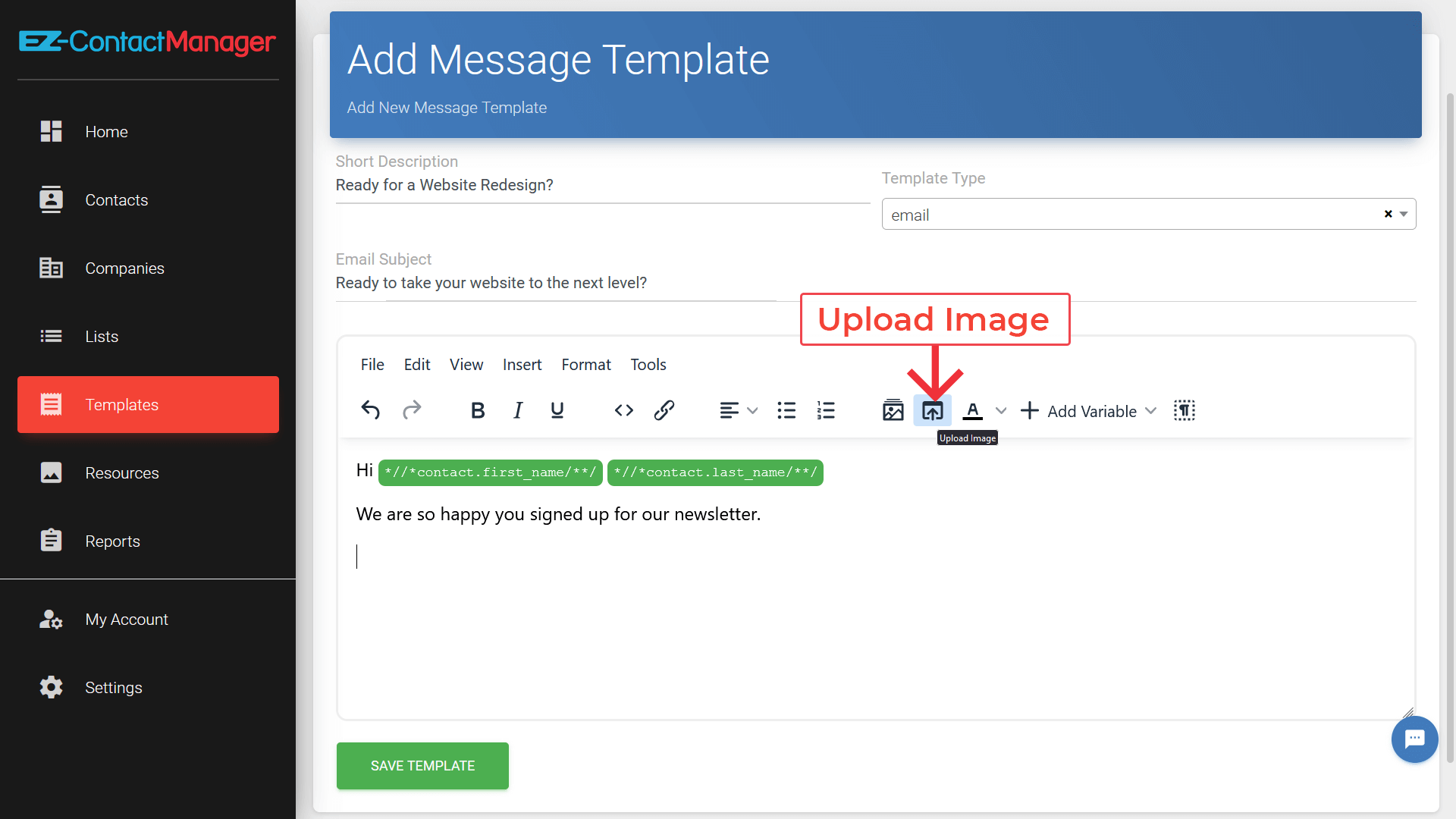 upload images to an email template.
